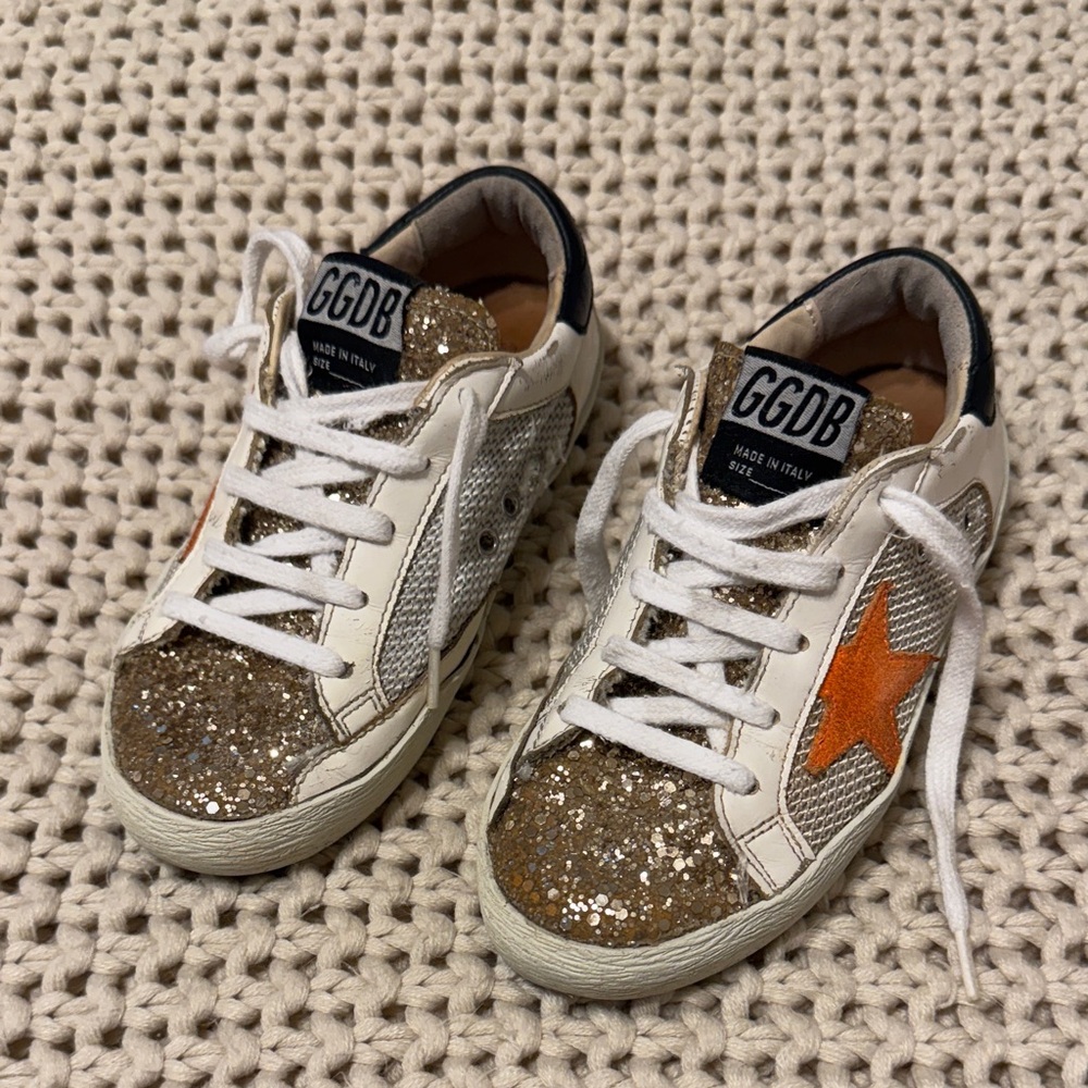 Golden Goose Kids Sneakers with Gold Glitter and Orange Star